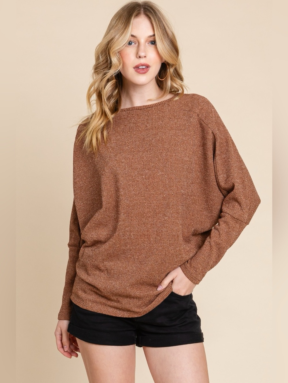 BOMBOM Drop Shoulder Long Sleeve Knit Top
